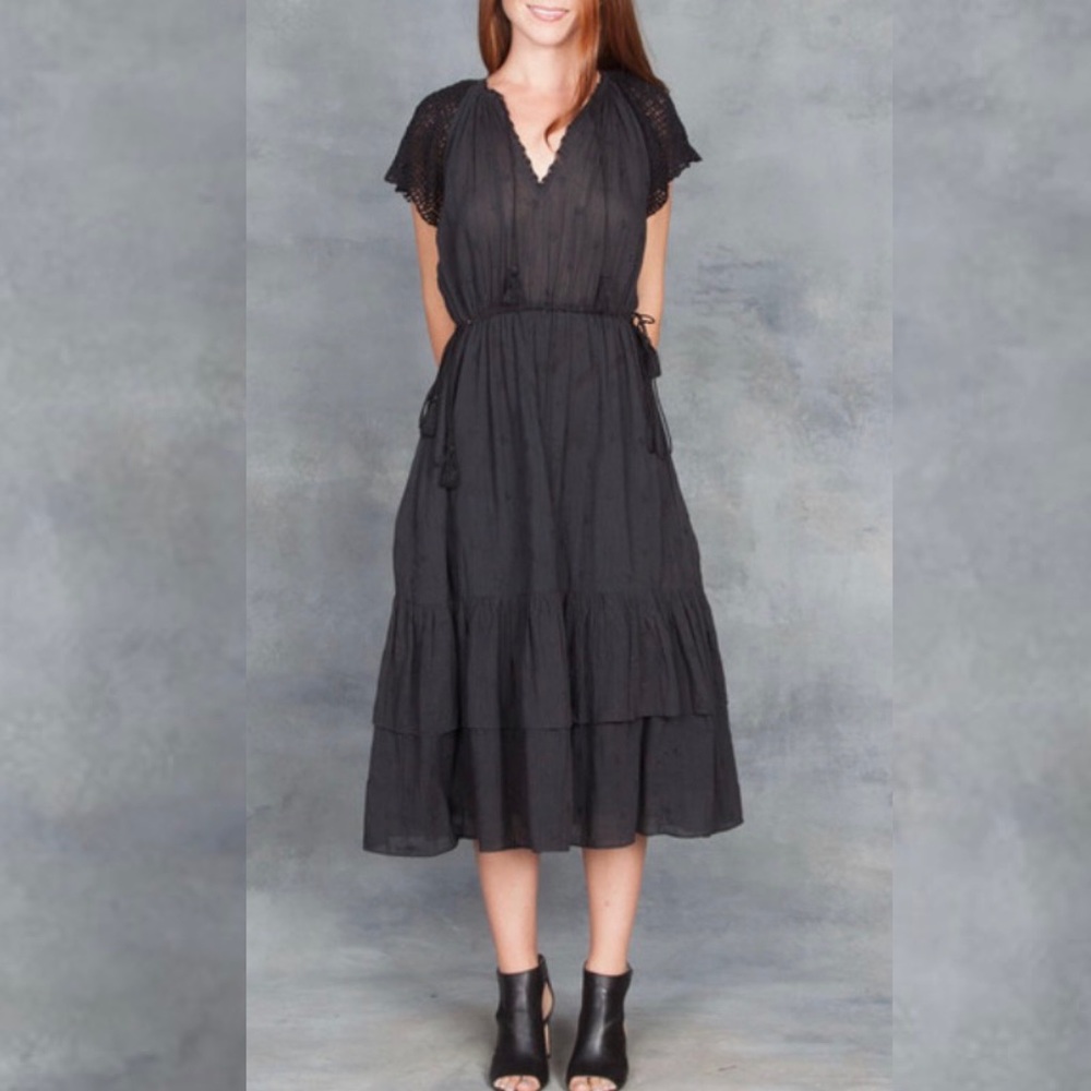 Ulla Johnson Pauline Embroidered Cotton Midi Dress Size 2 Black Crochet Tassel